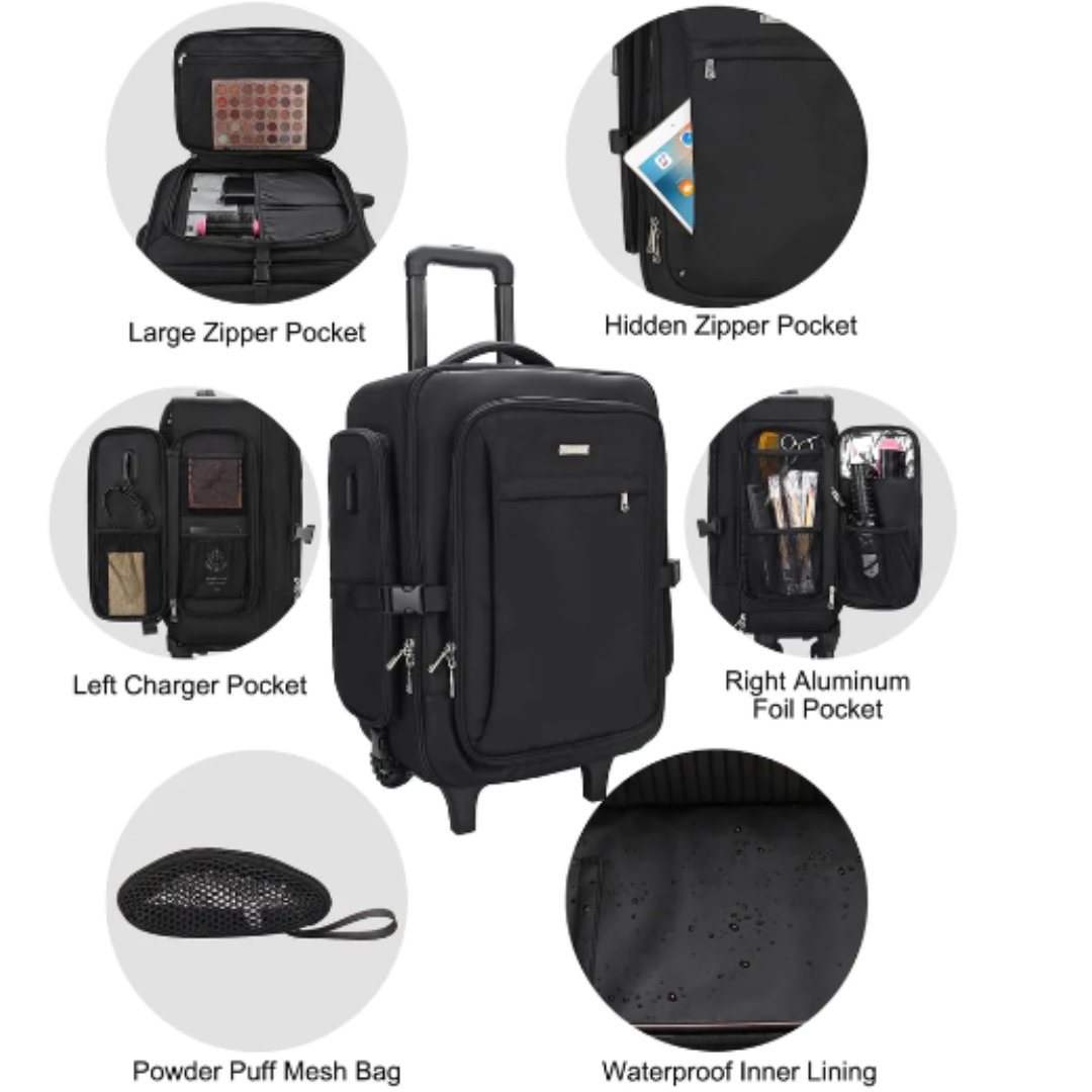 Mochila de maquillaje profesional con ruedas XL negra rodante RELAVEL